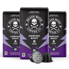 Death Wish Coffee Espresso Roast capsules shown on a counter for bold home brewing