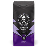 Death Wish Coffee espresso roast ground 14oz pack close-up for bold morning boost.