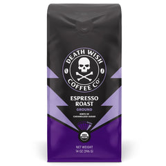 Death Wish Coffee espresso roast ground 14oz pack close-up for bold morning boost.