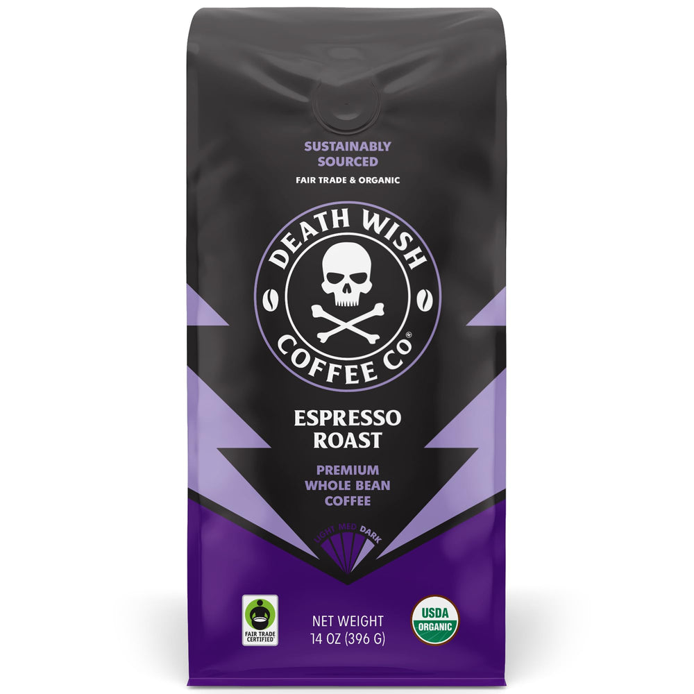 Death Wish Coffee Espresso Roast pack shot highlights bold aroma for mornings