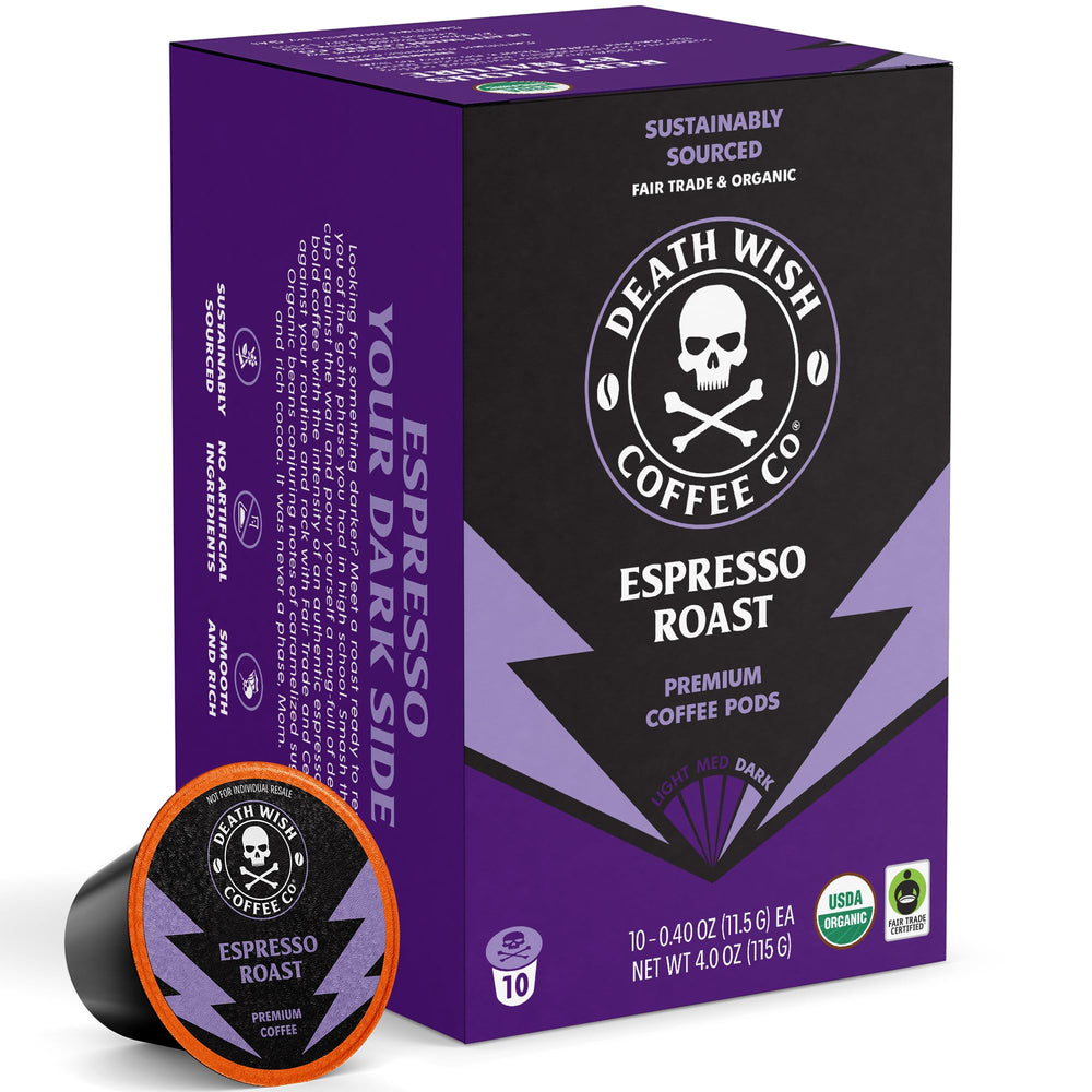 Death Wish Coffee Espresso Roast pods pack front view, highlighting bold flavor potential