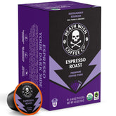 Death Wish Coffee Espresso Roast pods pack front view, highlighting bold flavor potential