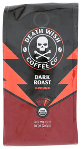 Death Wish Coffee ground dark roast in bag opening, signaling premium quality and aroma.