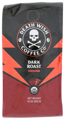 Death Wish Coffee ground dark roast in bag opening, signaling premium quality and aroma.