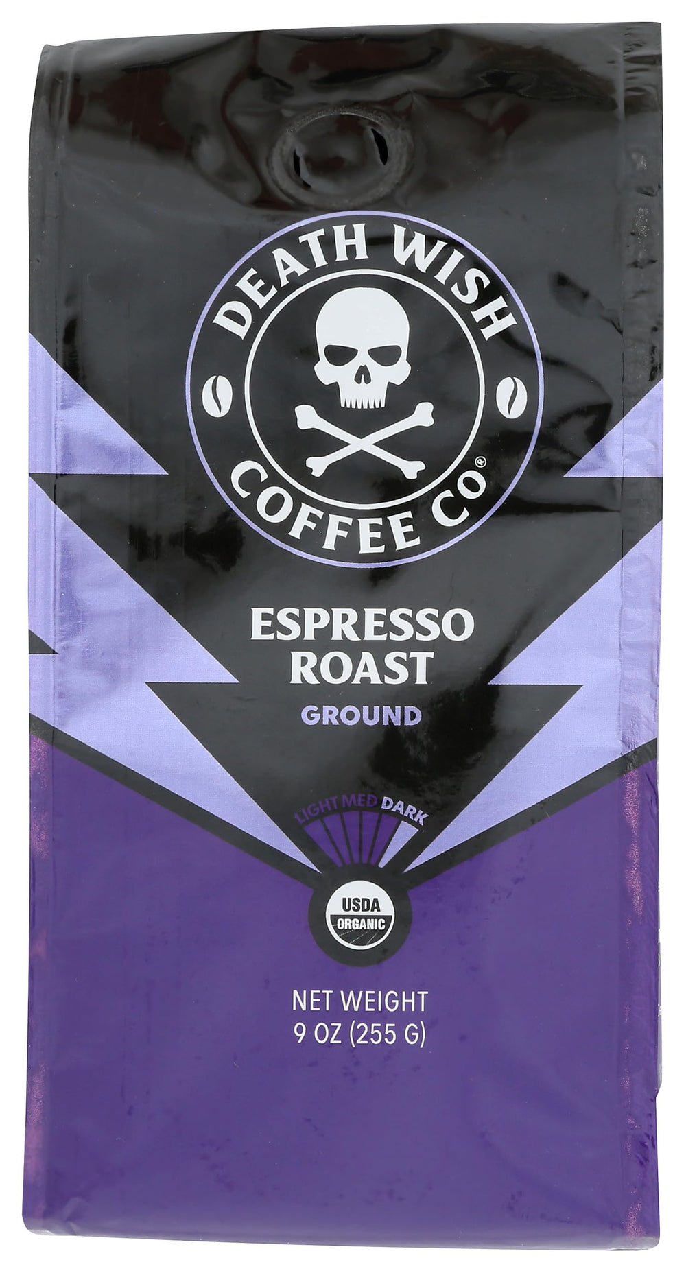 Death Wish Coffee Ground Espresso 9oz bag highlights premium ingredients for bold brews.