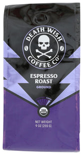 Death Wish Coffee Ground Espresso 9oz bag highlights premium ingredients for bold brews.