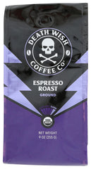 Death Wish Coffee Ground Espresso 9oz bag highlights premium ingredients for bold brews.