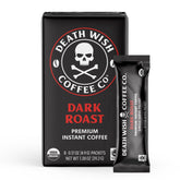 Death Wish Coffee instant dark roast packets close-up for quick, bold single-serve brewing.