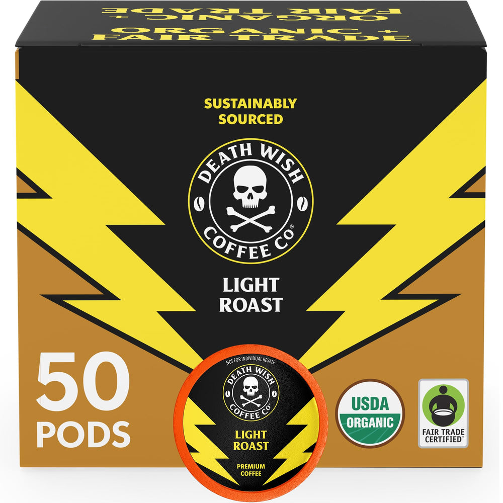 Death Wish Coffee light roast pods pack front, ideal for bold mornings.
