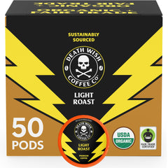 Death Wish Coffee light roast pods pack front, ideal for bold mornings.
