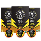 Death Wish Coffee light roast pods packaging shows organic and fair trade certification.