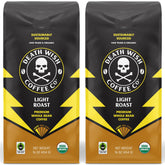 Death Wish Coffee light roast whole bean bag close up for a bold morning routine