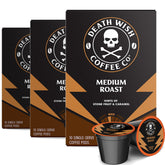 Death Wish Coffee medium roast pods viewed for a convenient, bold morning brew.