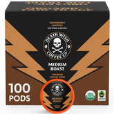 Death Wish Coffee medium roast pods packaging for quick, bold mornings.