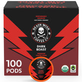 Death Wish Coffee organic dark roast pods packaging shows organic and fair trade sourcing for convenience.