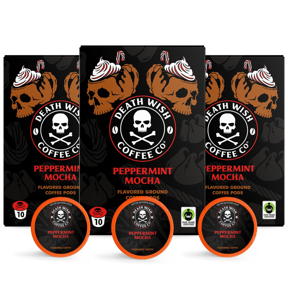Death Wish Coffee Peppermint Mocha pods pack highlights bold flavor options