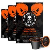 Death Wish Coffee Pumpkin Chai pods in packaging—bold fall flavor ready for your morning.