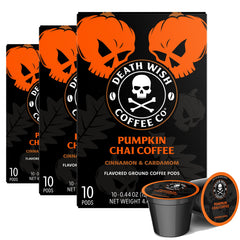 Death Wish Coffee Pumpkin Chai pods in packaging—bold fall flavor ready for your morning.