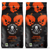 Death Wish Coffee pumpkin ground label promoting bold pumpkin spice for energizing mornings