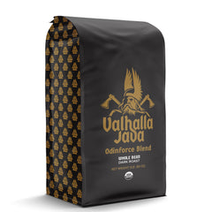 Death Wish Coffee Valhalla Java beans close-up for intense flavor.