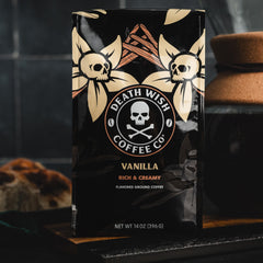 Death Wish Vanilla ground coffee bag label highlighting no artificial ingredients.