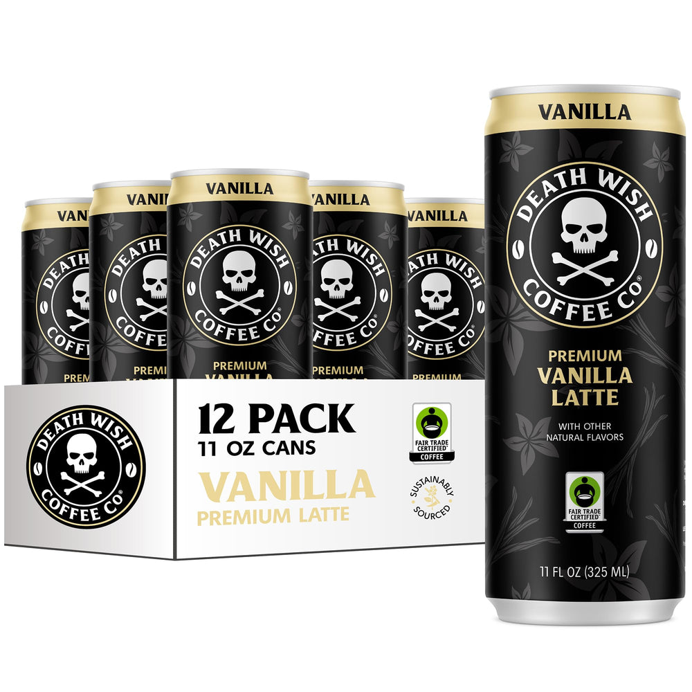 Death Wish Coffee Vanilla Latte Cold Brew can, bold flavor in a ready-to-drink package.