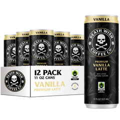 Death Wish Coffee Vanilla Latte Cold Brew can, bold flavor in a ready-to-drink package.