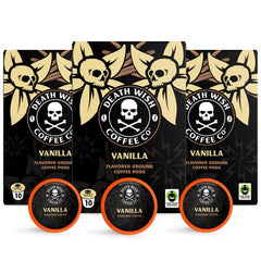 Death Wish Coffee Vanilla single-serve pod packaging highlighting bold flavor