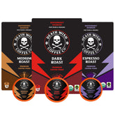 Death Wish Coffee variety pack box shows three bold roasts for flexible mornings.