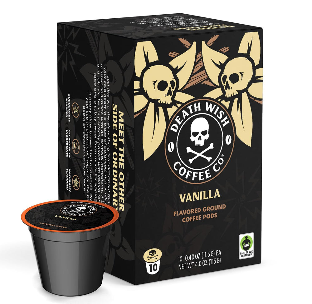 Death Wish Coffee Vanilla Pods pack shot highlighting bold, high-caffeine blend.