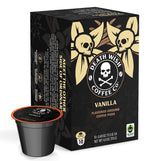 Death Wish Coffee Vanilla Pods pack shot highlighting bold, high-caffeine blend.