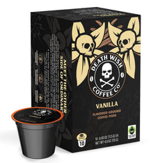 Death Wish Coffee Vanilla Pods pack shot highlighting bold, high-caffeine blend.