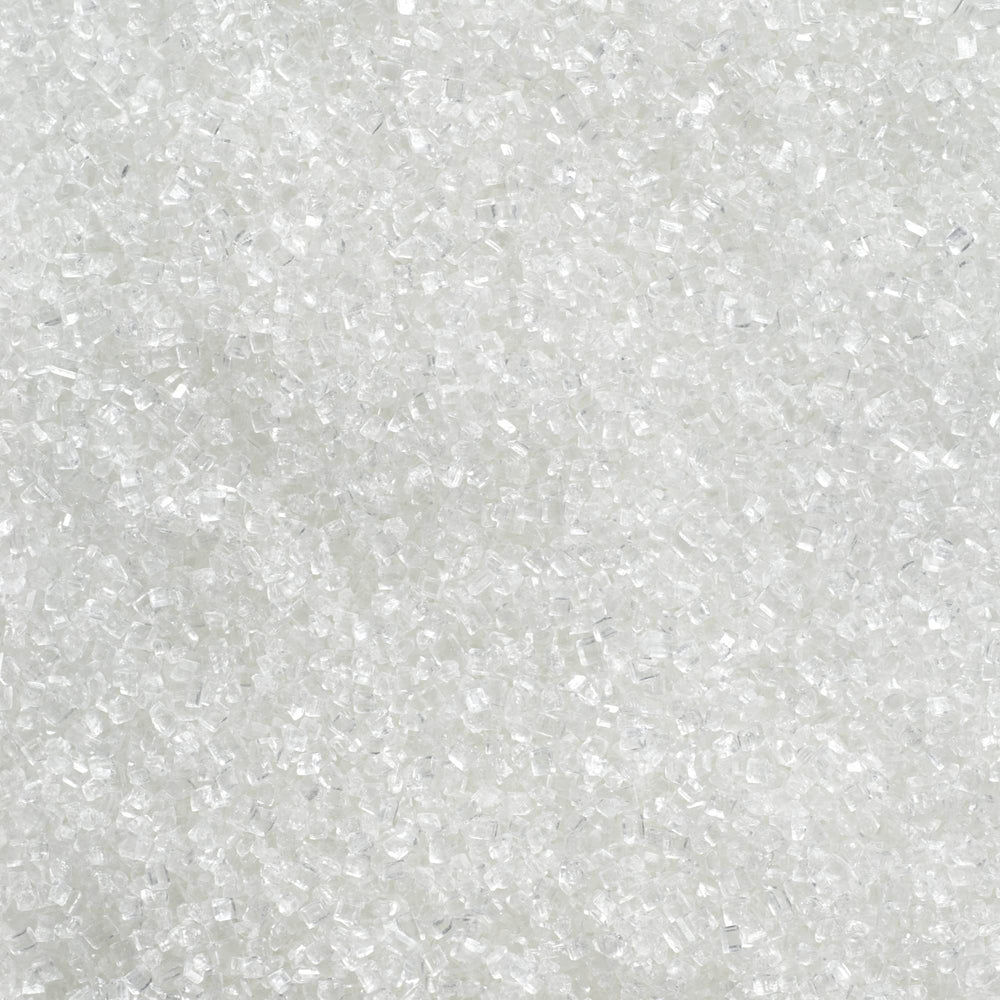 DecoPac sanding sugar white jar, front view, shimmering topping for cakes