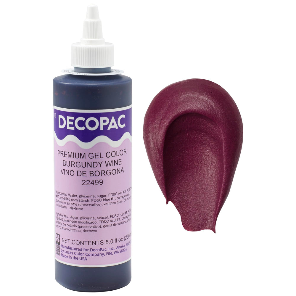 DecoPac Burgundy gel color bottle closeup for rich buttercream.