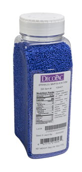 DecoPac Navy Blue Sprinkles in a jar ready for cake decorating and storage.