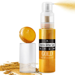 DecorRom Gold Edible Glitter Spray bottle adds luxurious metallic finish to desserts.