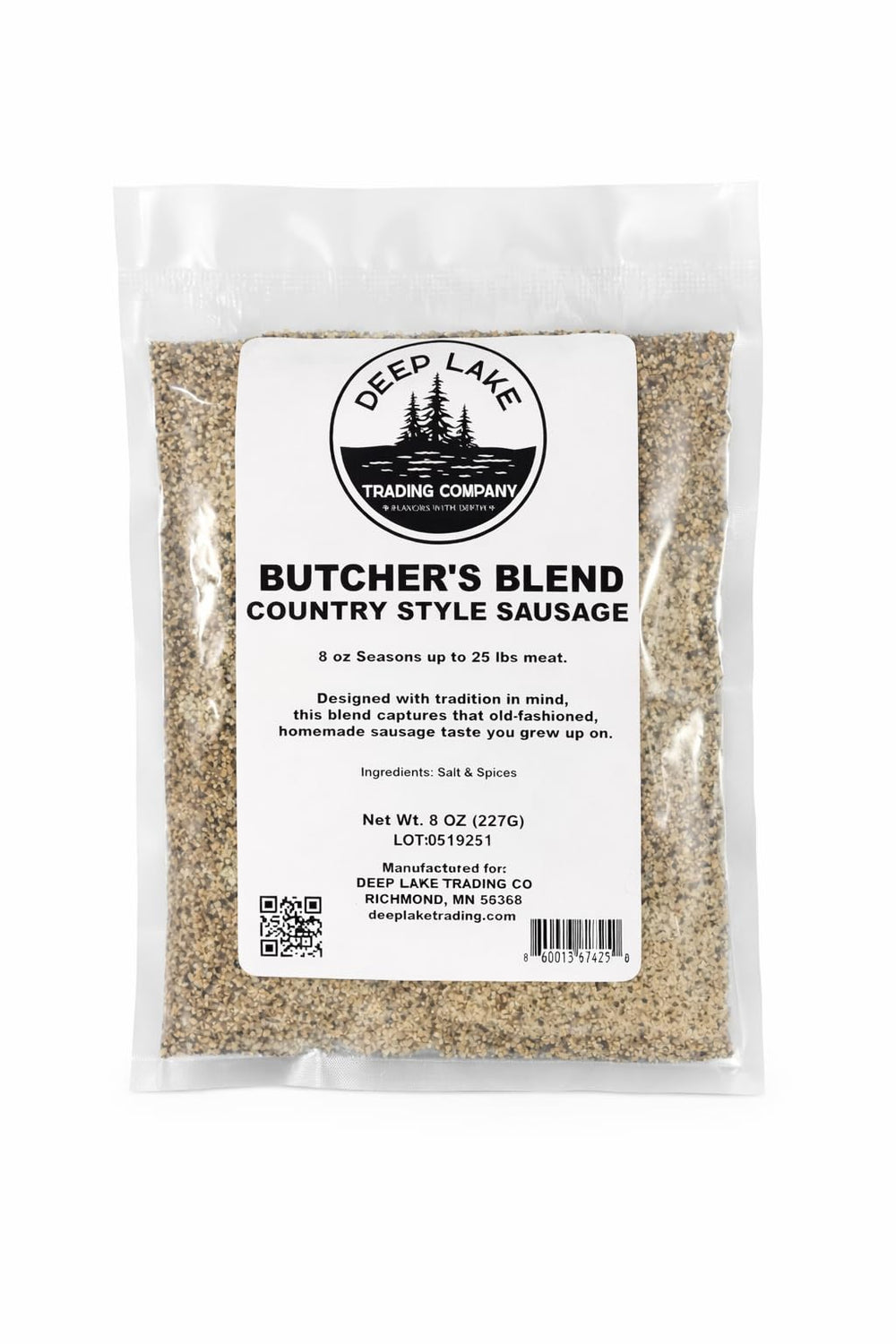 Deep Lake Butcher's Blend bottle pour for pork and venison seasoning.