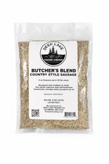 Deep Lake Butcher's Blend bottle pour for pork and venison seasoning.