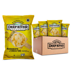 Deep River Rosemary & Olive Oil Kettle Chips pack showcases gluten-free, tasty party-friendly snacking.