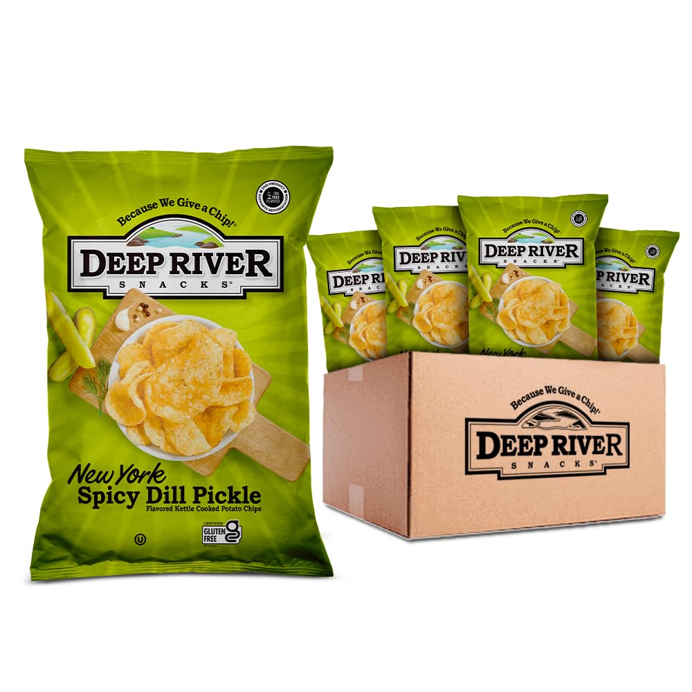 Deep River Snacks kettle chips featuring New York Spicy Dill Pickle flavor for bold, shareable snacking.