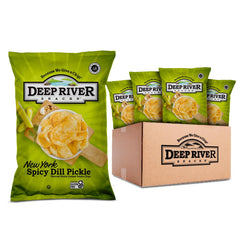 Deep River Snacks kettle chips featuring New York Spicy Dill Pickle flavor for bold, shareable snacking.