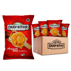 Deep River Snacks Mesquite BBQ kettle chips in a bag, ideal for on-the-go snacking.