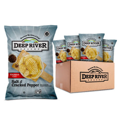 Deep River Snacks Salt & Cracked Pepper kettle chips in a 2oz bag, ideal for on-the-go snacking.
