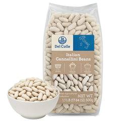 Del Colle Cannellini beans in a bag, a convenient pantry staple for easy meal prep.