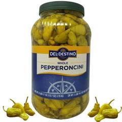 Del Destino pepperoncini 1-gallon front view, ideal for bulk kitchen prep.