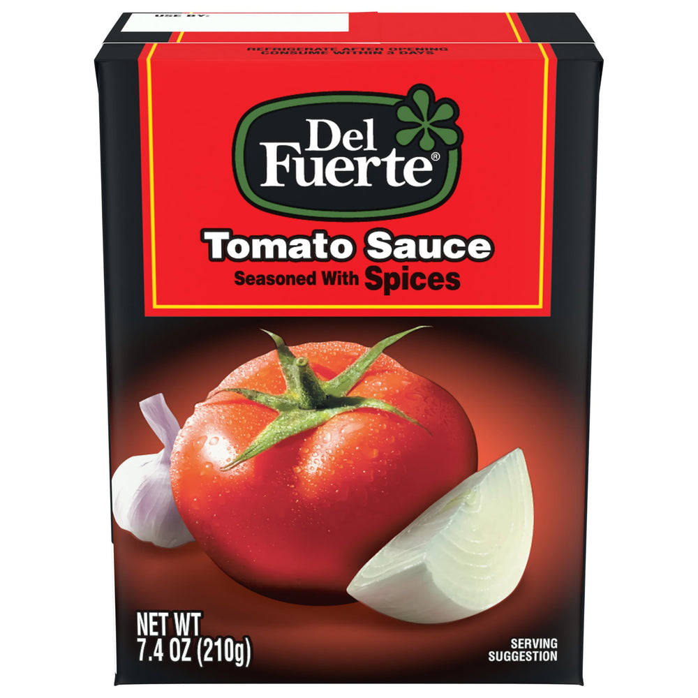 Del Fuerte tomato sauce 7.4-ounce carton on shelf, perfect for quick marinara prep.
