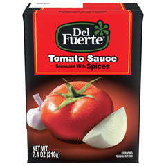 Del Fuerte tomato sauce 7.4-ounce carton on shelf, perfect for quick marinara prep.