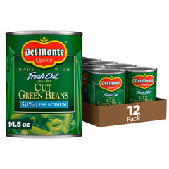 Del Monte Blue Lake green beans can front view ready to heat.