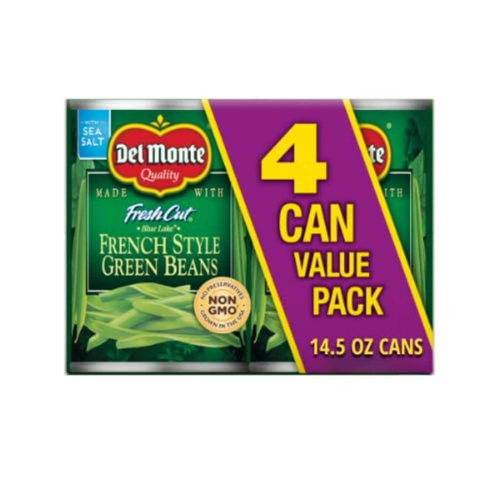Del Monte Blue Lake Green Beans in an open can, ready to heat as a quick side.