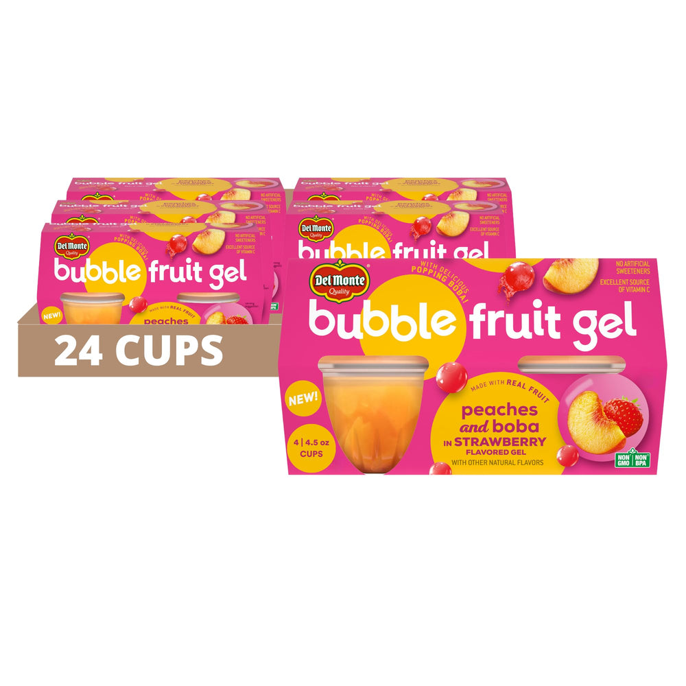 Del Monte Bubble Fruit Peaches in Strawberry Gel jar with popping boba for on-the-go snacking